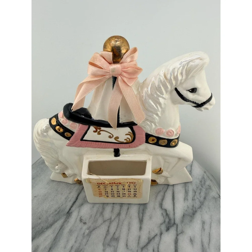 Vintage Ceramic Carousel Horse Calendar Iridescent Pink Gold Organizer Coquette